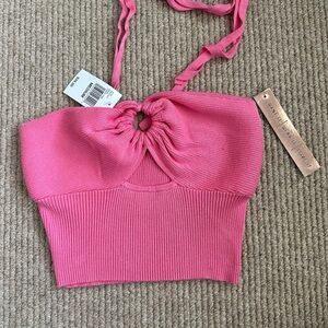 Pink Ribbed Crop Tank Top with Ruched Detail